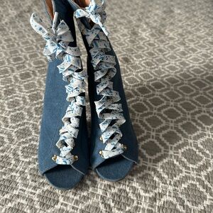 Wild Diva Denim Blue Ankle Booties with Patterned Laces